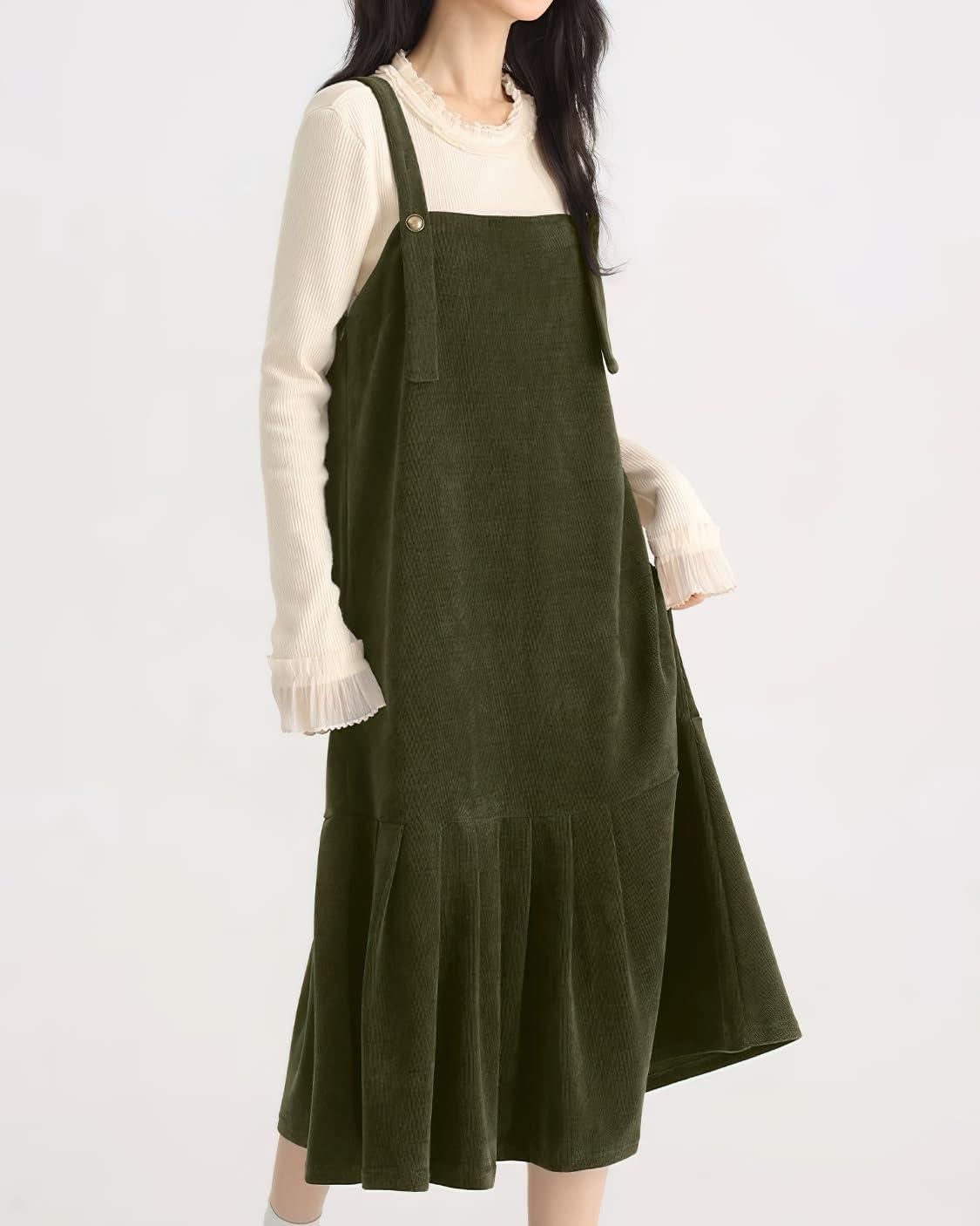 imagechouyatou Womens Cute Ruffle Corduroy Pinafore Overall Dress Pleated Flared Mid Long Bib Jumper DressGreen