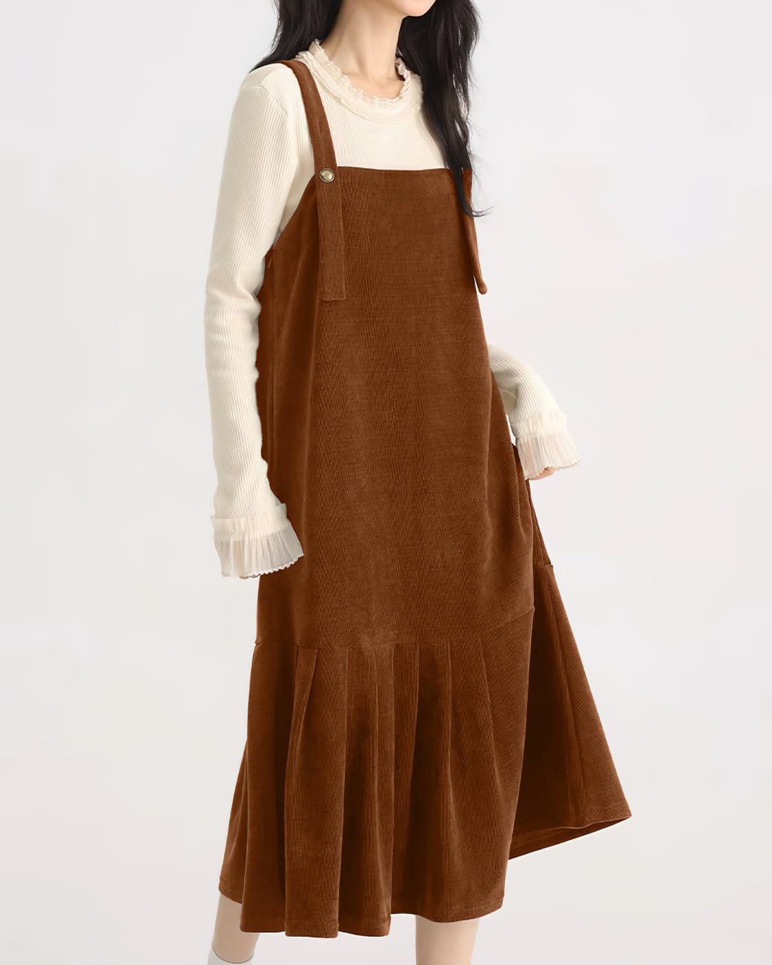 imagechouyatou Womens Cute Ruffle Corduroy Pinafore Overall Dress Pleated Flared Mid Long Bib Jumper DressLight Brown