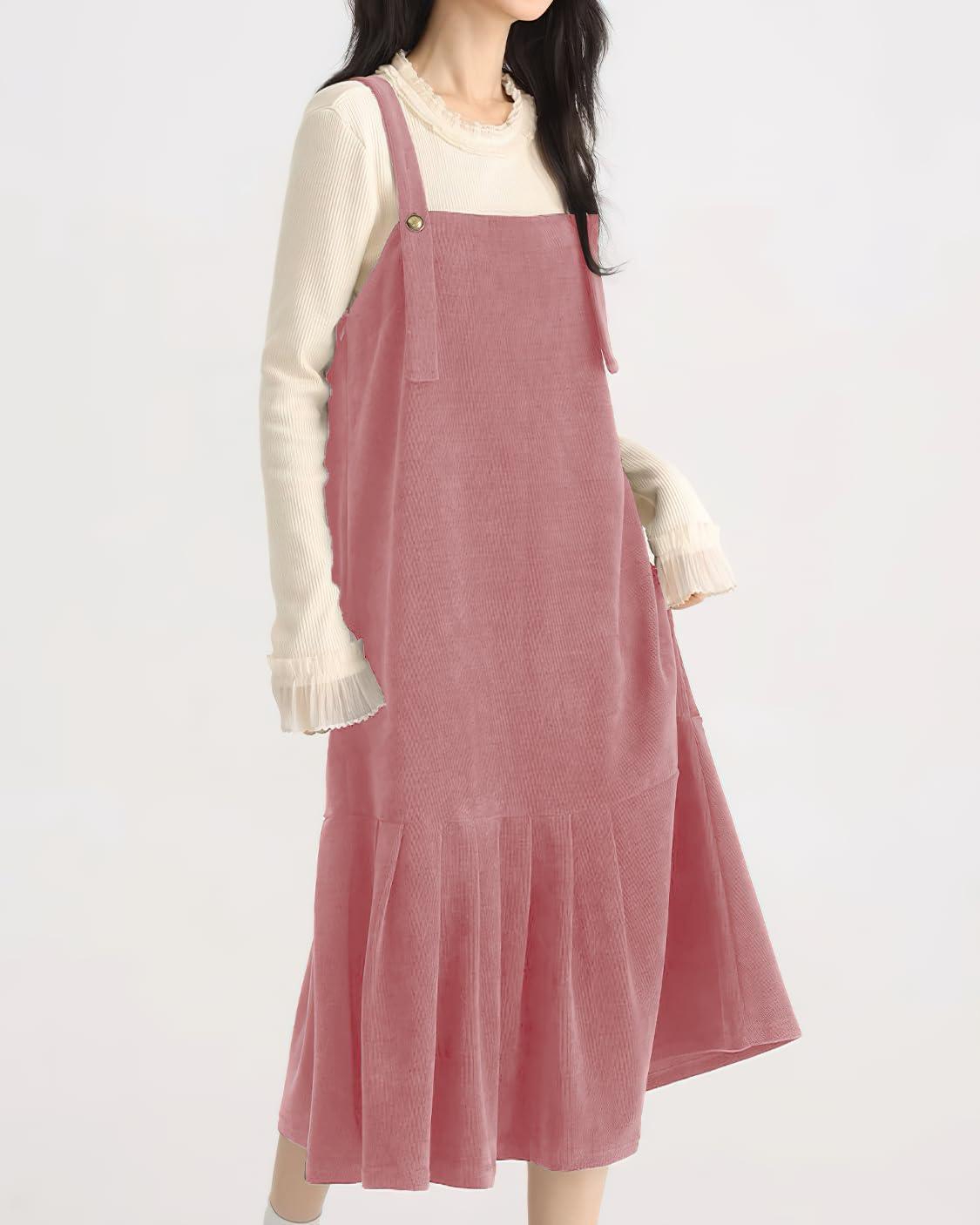 imagechouyatou Womens Cute Ruffle Corduroy Pinafore Overall Dress Pleated Flared Mid Long Bib Jumper DressPink