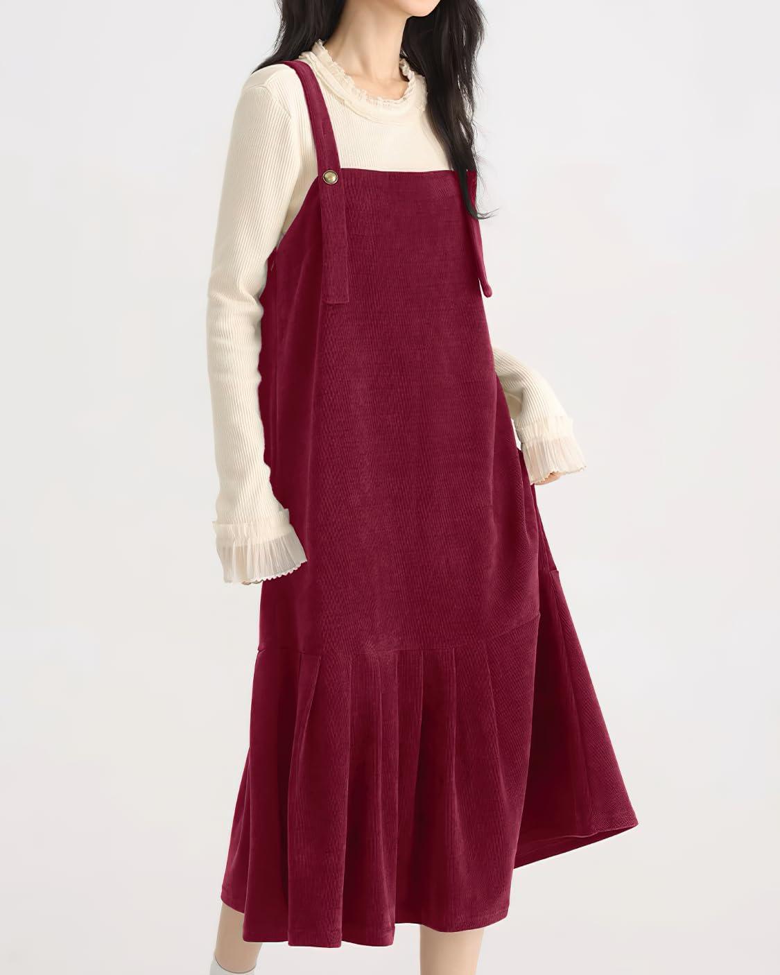 imagechouyatou Womens Cute Ruffle Corduroy Pinafore Overall Dress Pleated Flared Mid Long Bib Jumper DressRed
