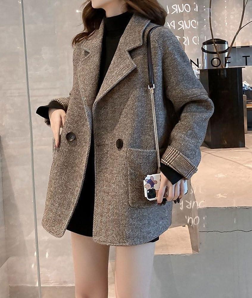 imagechouyatou Womens Double Breasted Herringbone Wool Blazer Jacket Notched Lapel Work Casual Wool Blend Pea Coat OvercoatBrown
