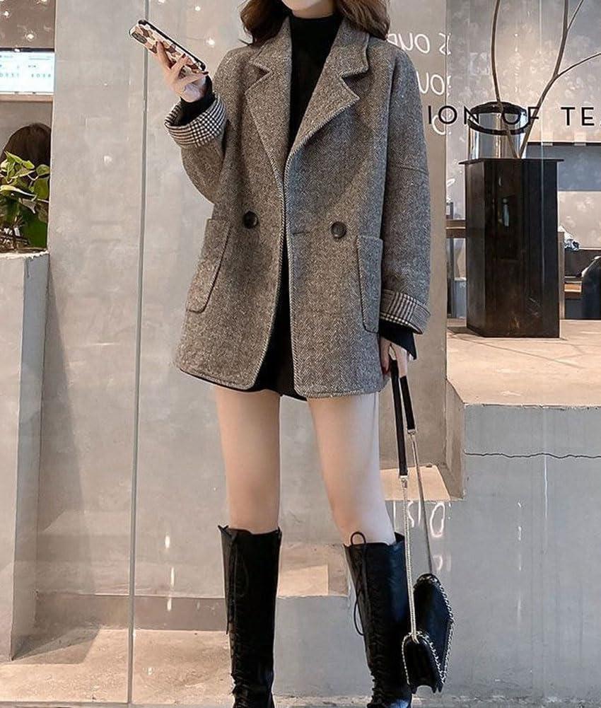 imagechouyatou Womens Double Breasted Herringbone Wool Blazer Jacket Notched Lapel Work Casual Wool Blend Pea Coat OvercoatBrown