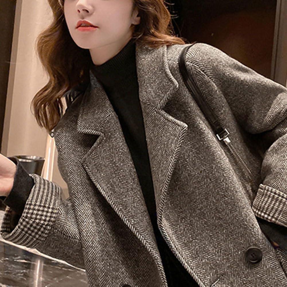 imagechouyatou Womens Double Breasted Herringbone Wool Blazer Jacket Notched Lapel Work Casual Wool Blend Pea Coat OvercoatBrown