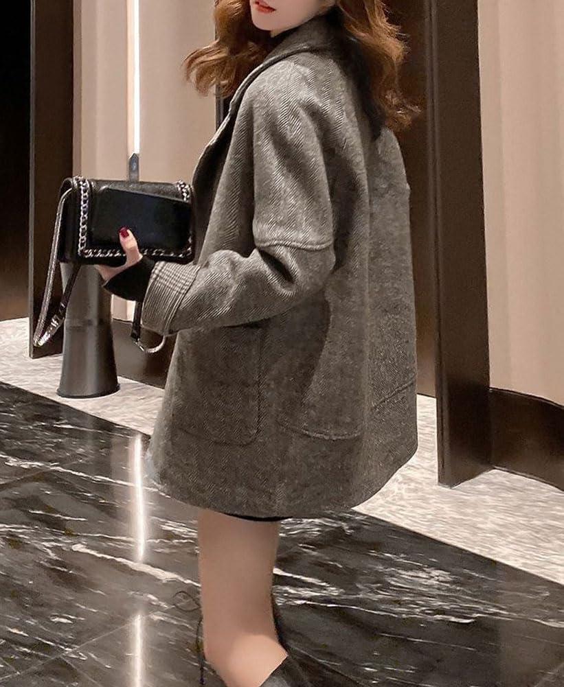 imagechouyatou Womens Double Breasted Herringbone Wool Blazer Jacket Notched Lapel Work Casual Wool Blend Pea Coat OvercoatBrown