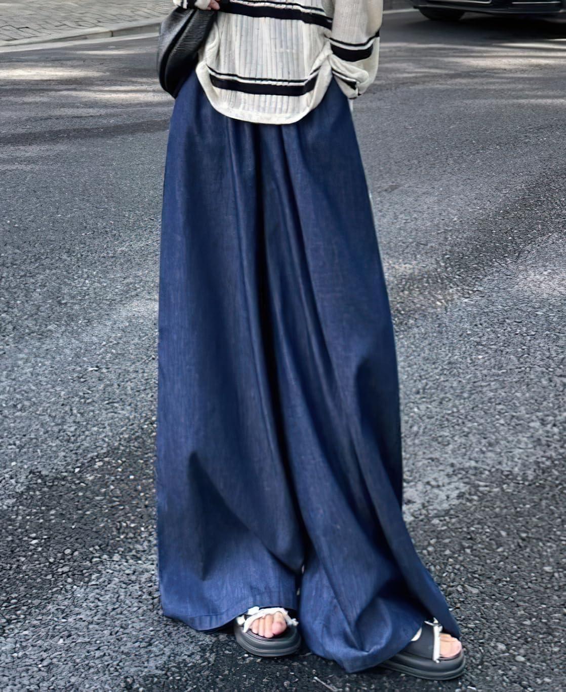 imagechouyatou Womens Elastic High Waisted Wide Leg Jeans Baggy Boyfriend Flare Trendy Long Denim PantsDark Blue