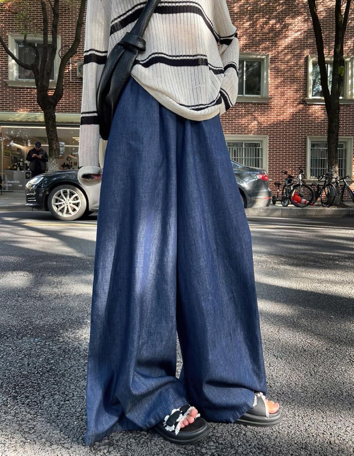 imagechouyatou Womens Elastic High Waisted Wide Leg Jeans Baggy Boyfriend Flare Trendy Long Denim PantsDark Blue