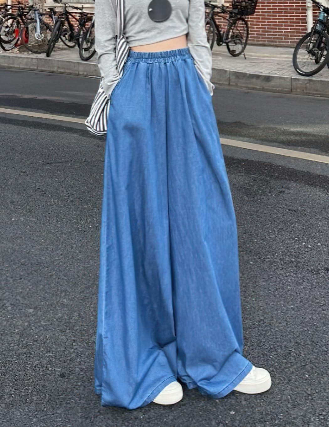 imagechouyatou Womens Elastic High Waisted Wide Leg Jeans Baggy Boyfriend Flare Trendy Long Denim PantsLight Blue
