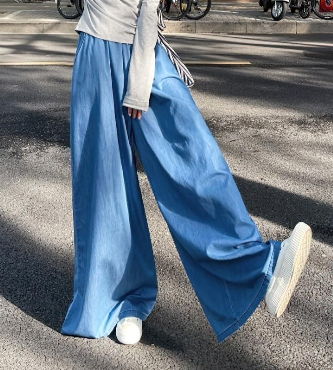 imagechouyatou Womens Elastic High Waisted Wide Leg Jeans Baggy Boyfriend Flare Trendy Long Denim PantsLight Blue