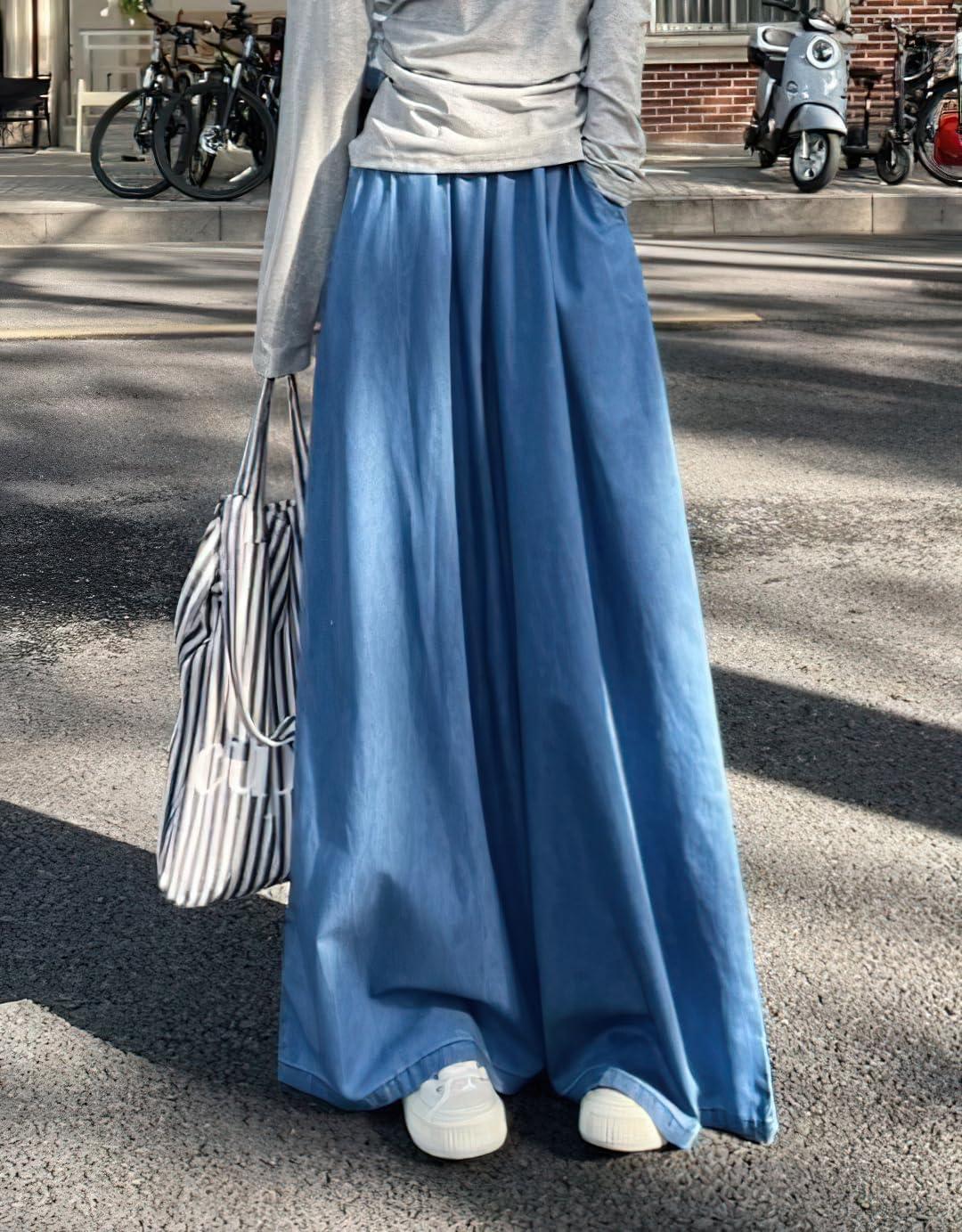 imagechouyatou Womens Elastic High Waisted Wide Leg Jeans Baggy Boyfriend Flare Trendy Long Denim PantsLight Blue