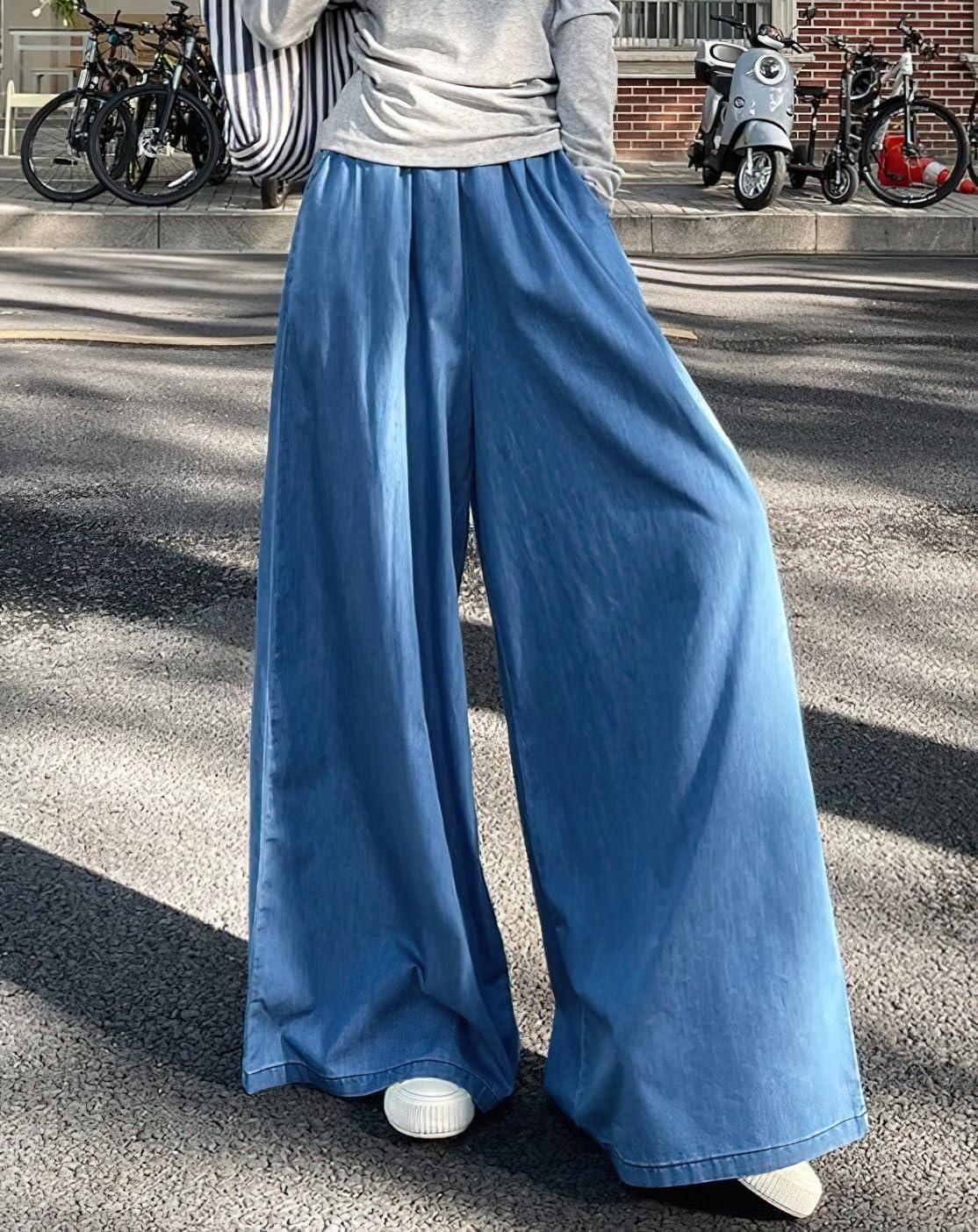 imagechouyatou Womens Elastic High Waisted Wide Leg Jeans Baggy Boyfriend Flare Trendy Long Denim PantsLight Blue