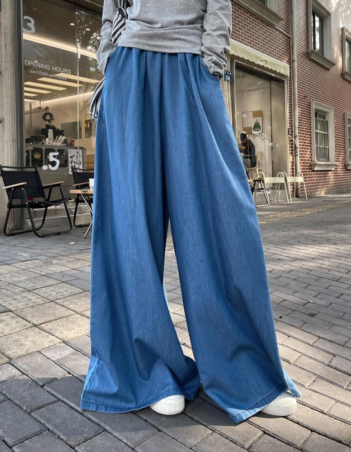 imagechouyatou Womens Elastic High Waisted Wide Leg Jeans Baggy Boyfriend Flare Trendy Long Denim PantsLight Blue