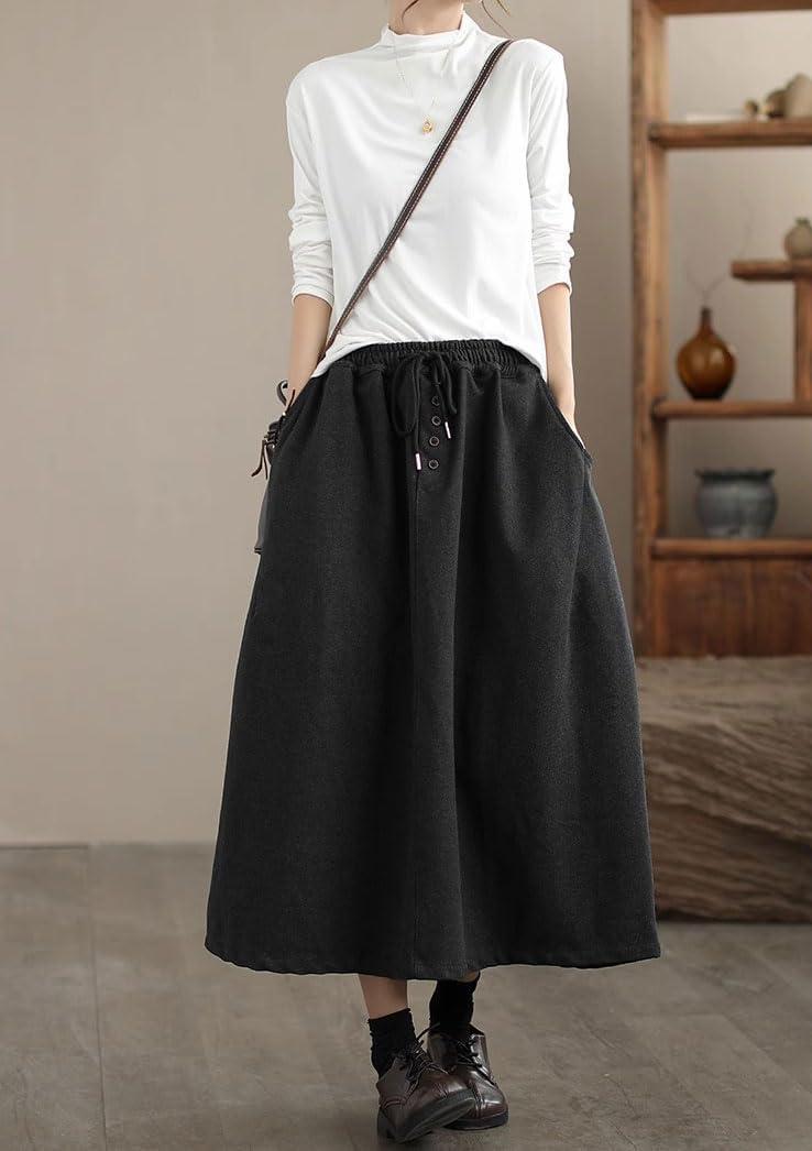 imagechouyatou Womens Elastic Waist Pleated Wool Skirt ALine Wool Blend Midi Long Skirt with PocketsGray