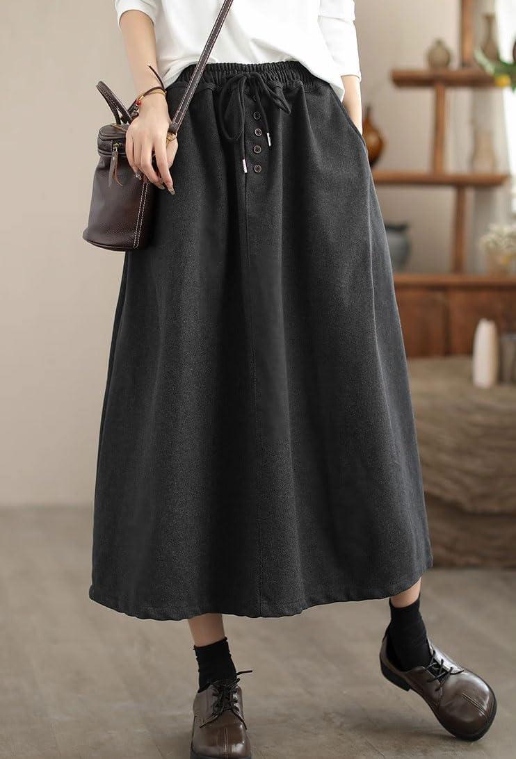 imagechouyatou Womens Elastic Waist Pleated Wool Skirt ALine Wool Blend Midi Long Skirt with PocketsGray