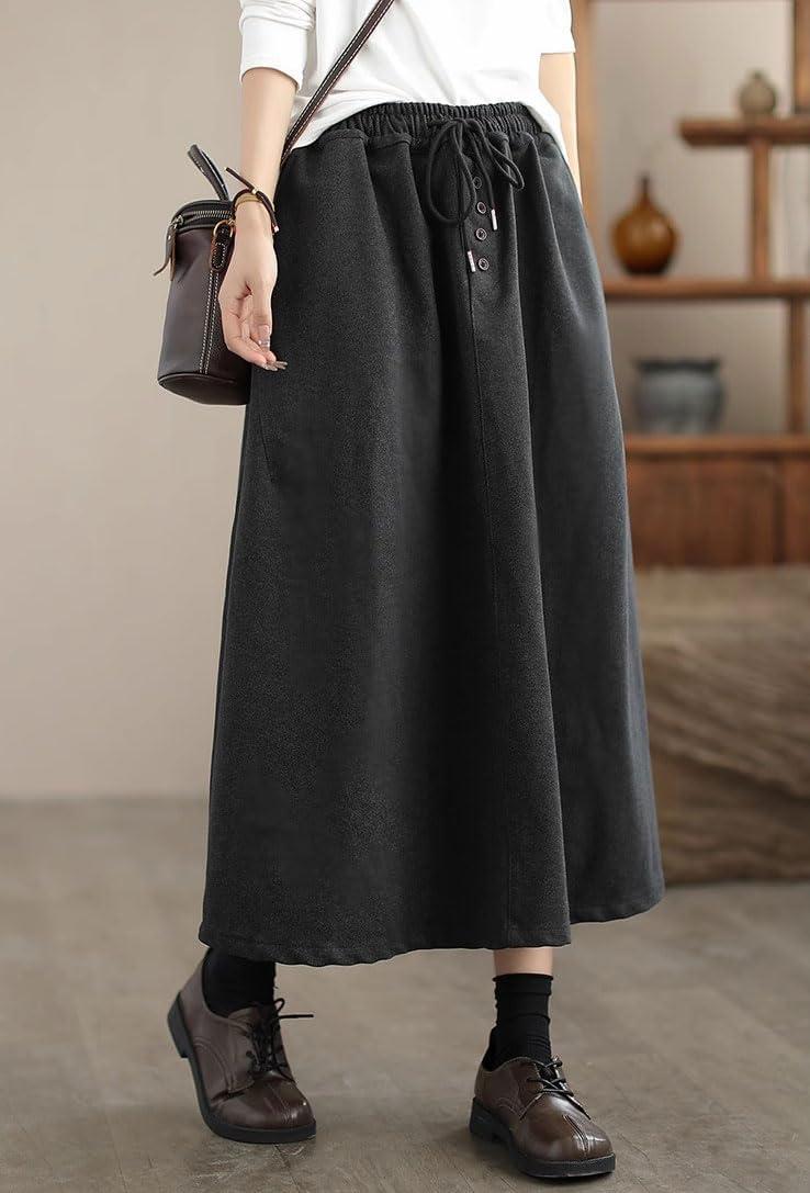 imagechouyatou Womens Elastic Waist Pleated Wool Skirt ALine Wool Blend Midi Long Skirt with PocketsGray