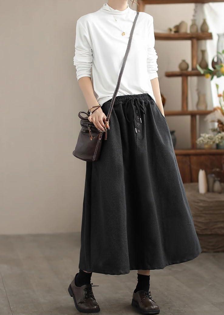 imagechouyatou Womens Elastic Waist Pleated Wool Skirt ALine Wool Blend Midi Long Skirt with PocketsGray