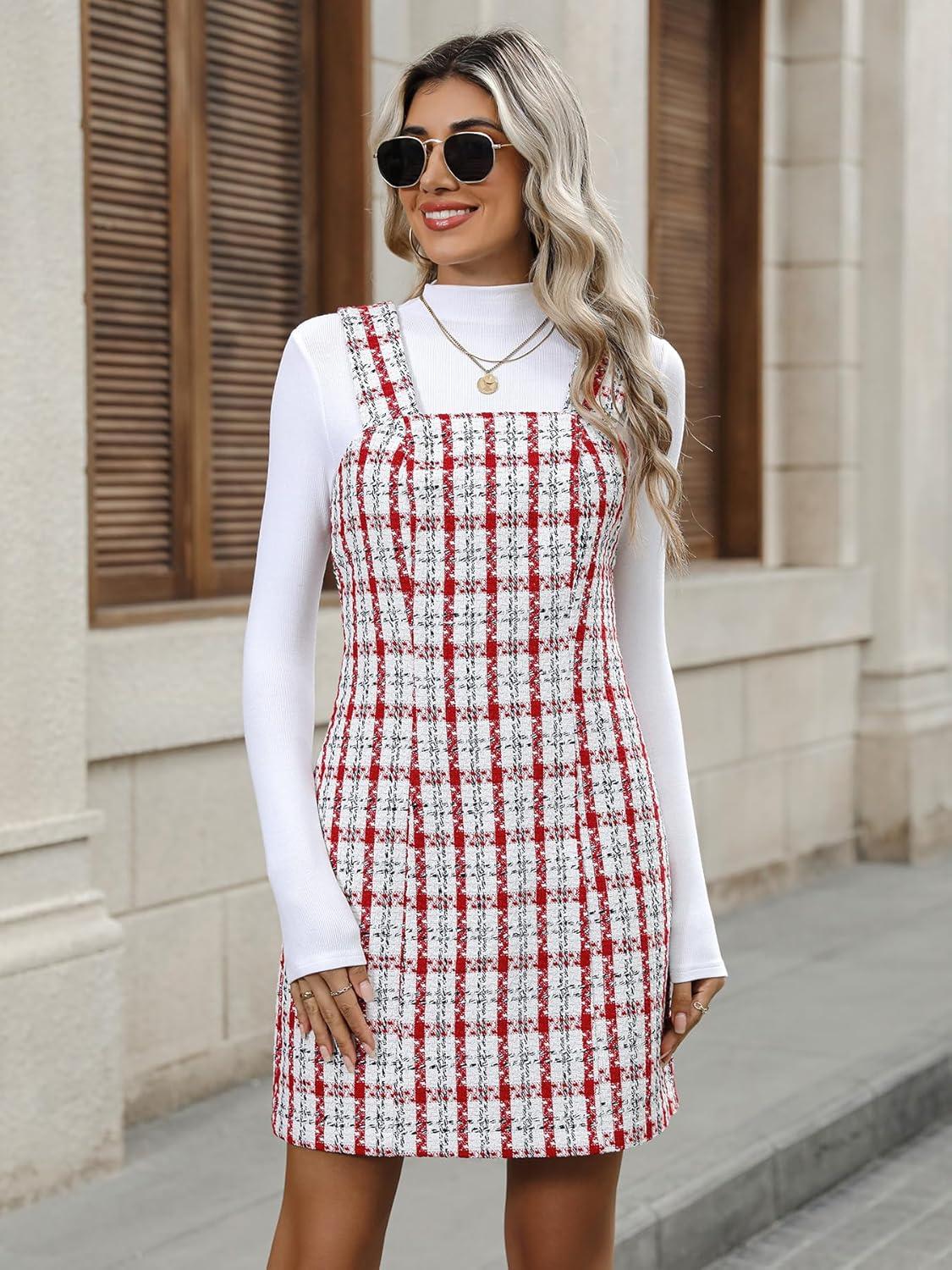 imagechouyatou Womens Elegant A Line Tweed Wool Overall Dress Sleeveless Plaid Mini Short Overall Tank DressRed