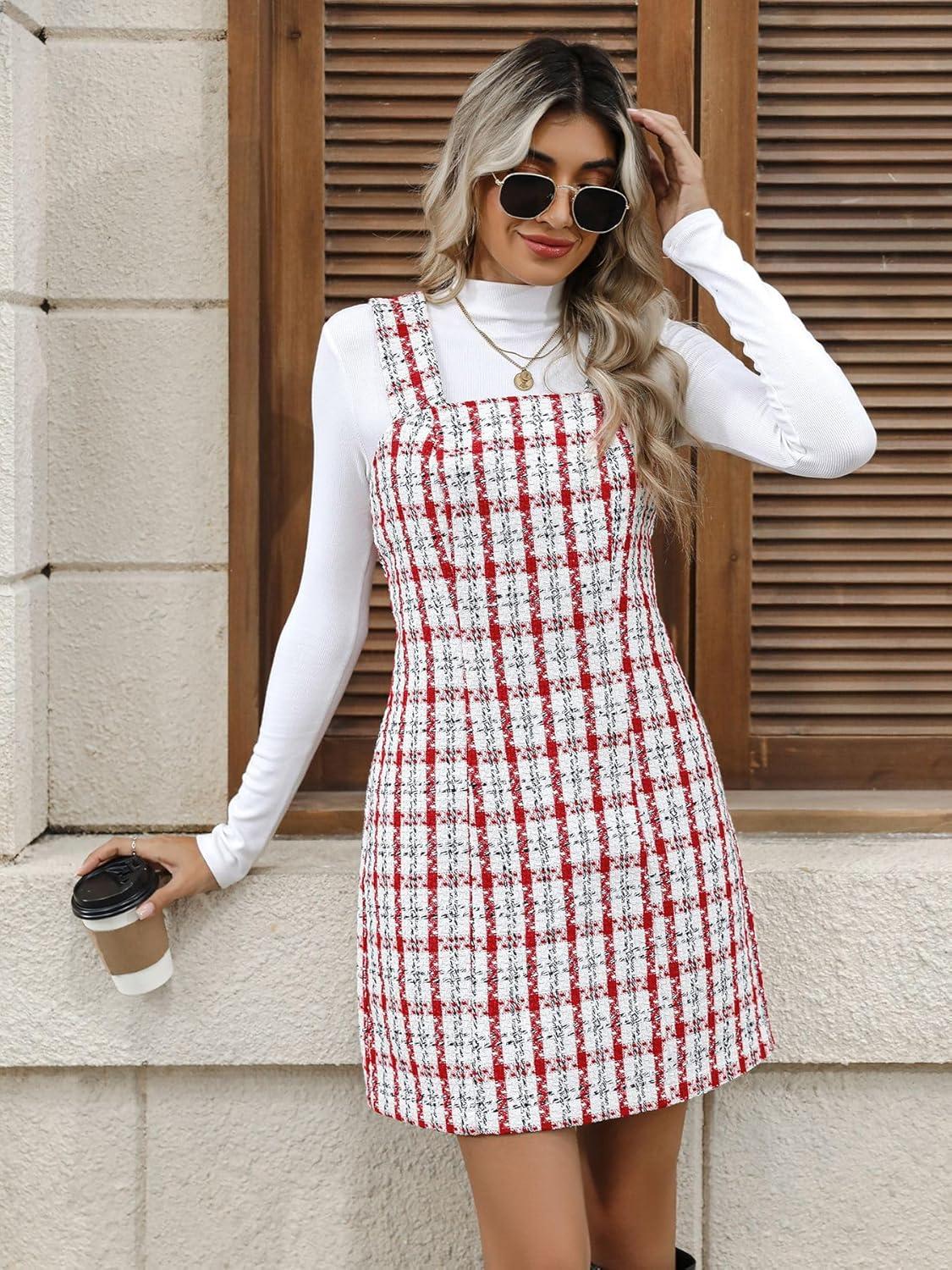 imagechouyatou Womens Elegant A Line Tweed Wool Overall Dress Sleeveless Plaid Mini Short Overall Tank DressRed