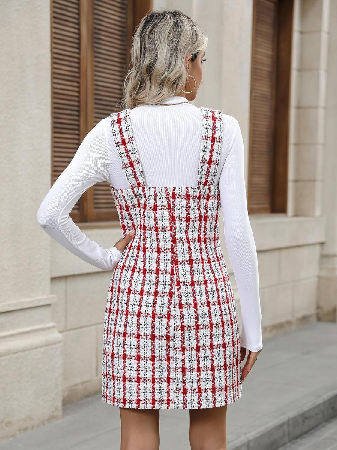 imagechouyatou Womens Elegant A Line Tweed Wool Overall Dress Sleeveless Plaid Mini Short Overall Tank DressRed