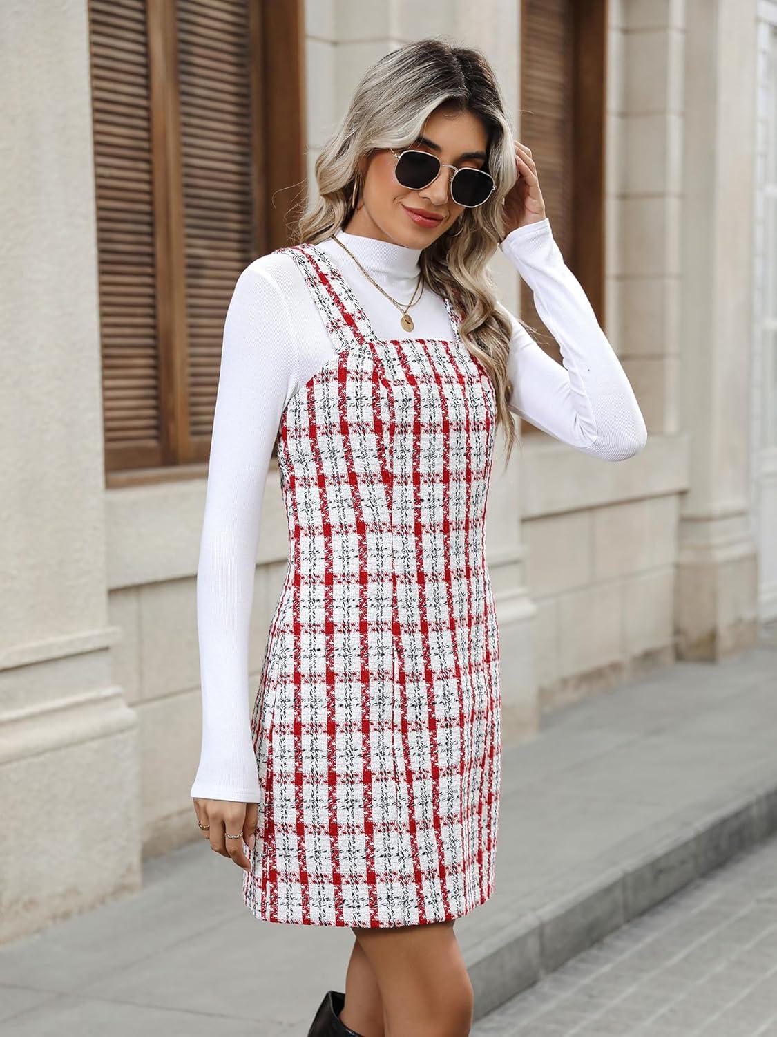 imagechouyatou Womens Elegant A Line Tweed Wool Overall Dress Sleeveless Plaid Mini Short Overall Tank DressRed