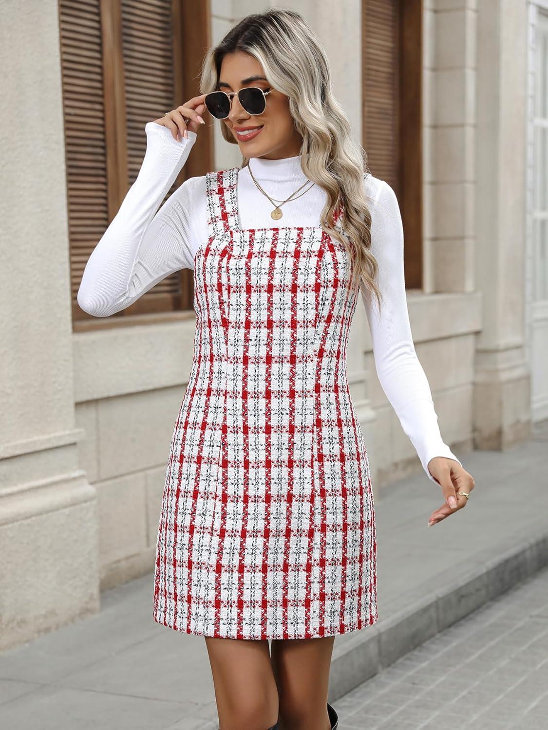 imagechouyatou Womens Elegant A Line Tweed Wool Overall Dress Sleeveless Plaid Mini Short Overall Tank DressRed