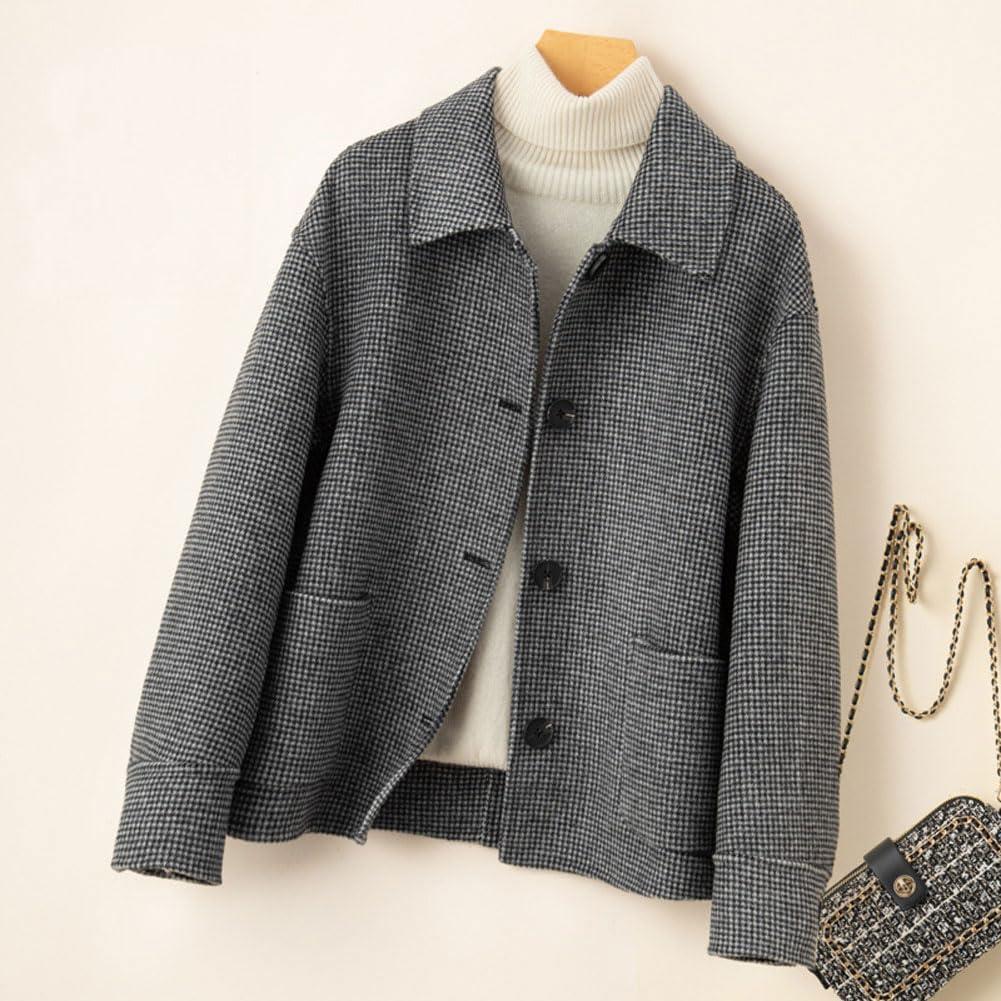 imagechouyatou Womens Elegant Lapel Houndstooth Plaid Wool Coat Casual Single Breasted Wool Blend Pea Coat with PocketsBlack