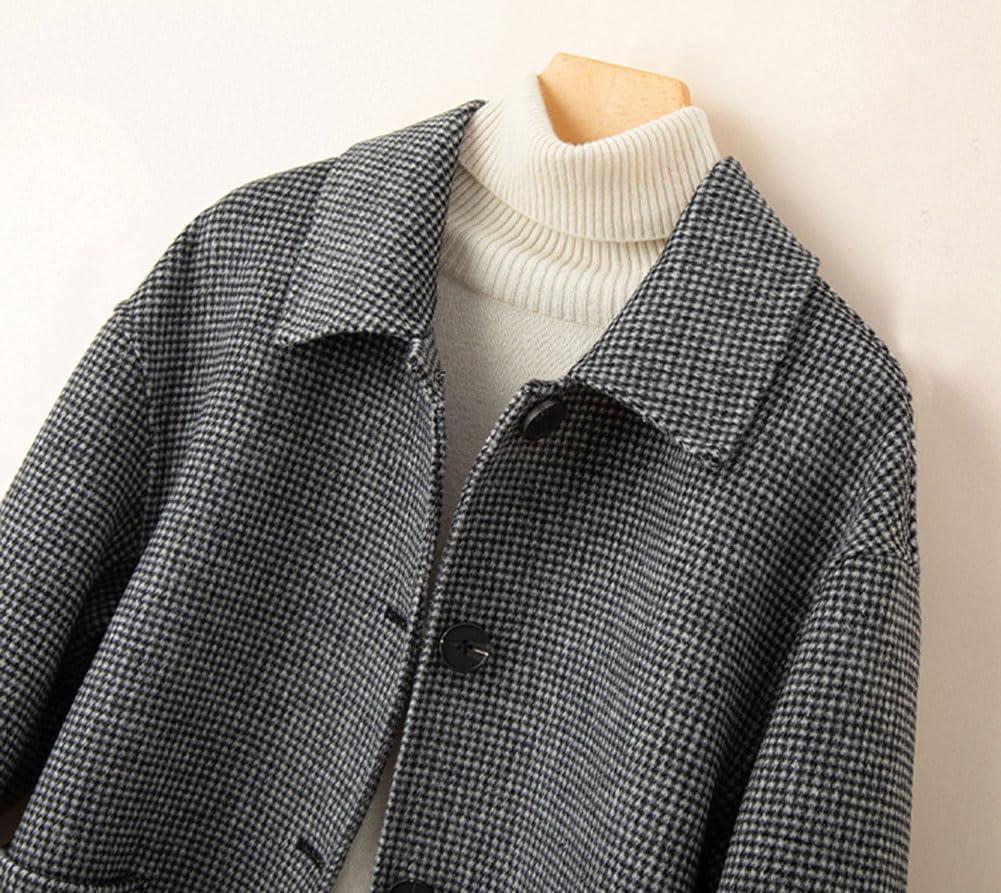 imagechouyatou Womens Elegant Lapel Houndstooth Plaid Wool Coat Casual Single Breasted Wool Blend Pea Coat with PocketsBlack