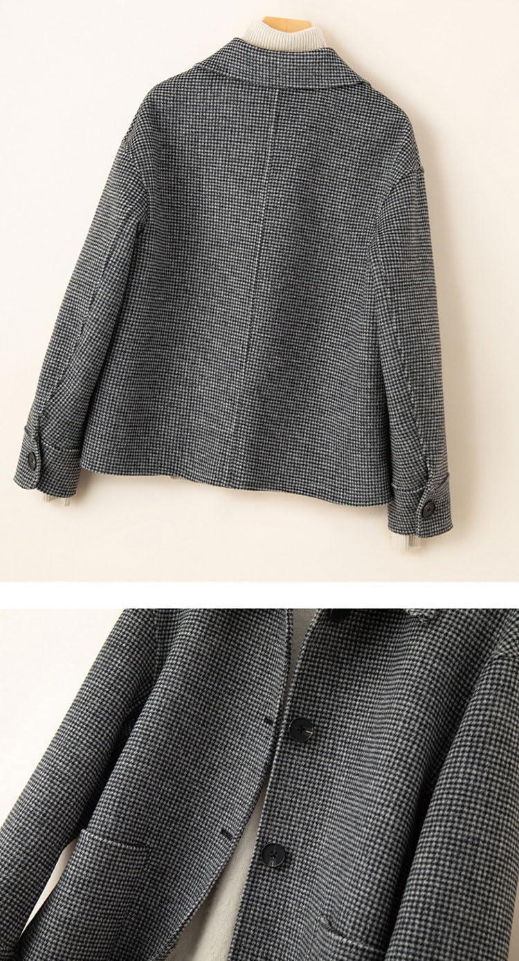 imagechouyatou Womens Elegant Lapel Houndstooth Plaid Wool Coat Casual Single Breasted Wool Blend Pea Coat with PocketsBlack