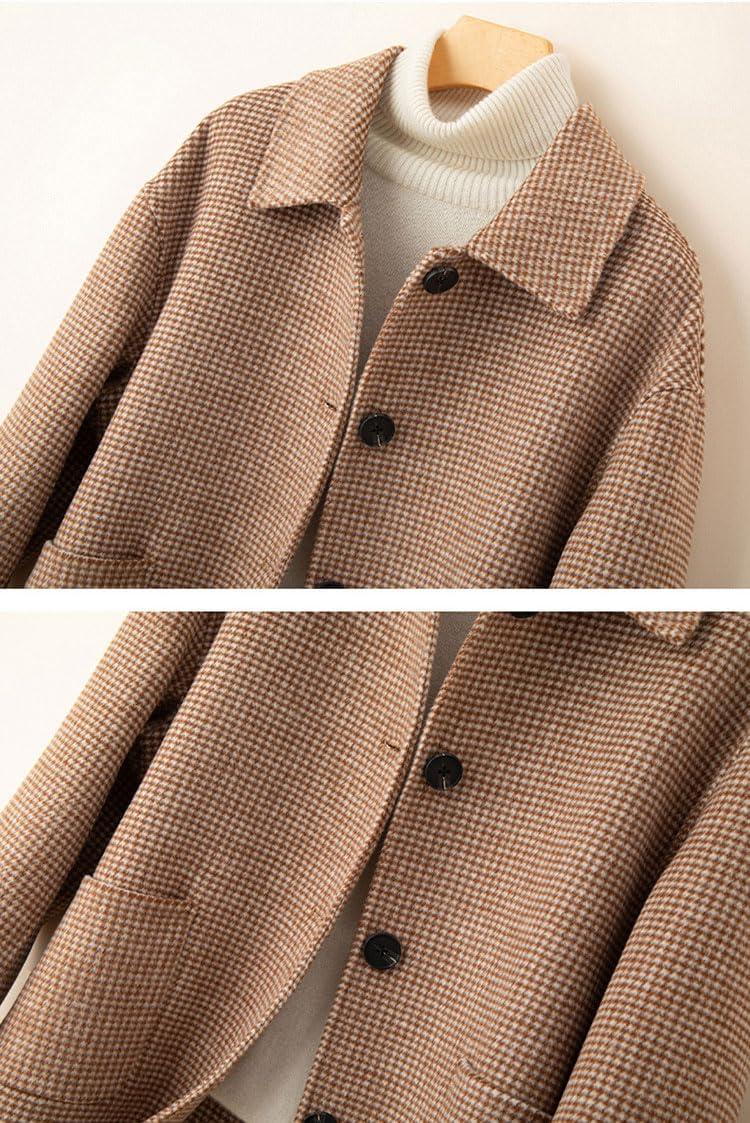imagechouyatou Womens Elegant Lapel Houndstooth Plaid Wool Coat Casual Single Breasted Wool Blend Pea Coat with PocketsBrown
