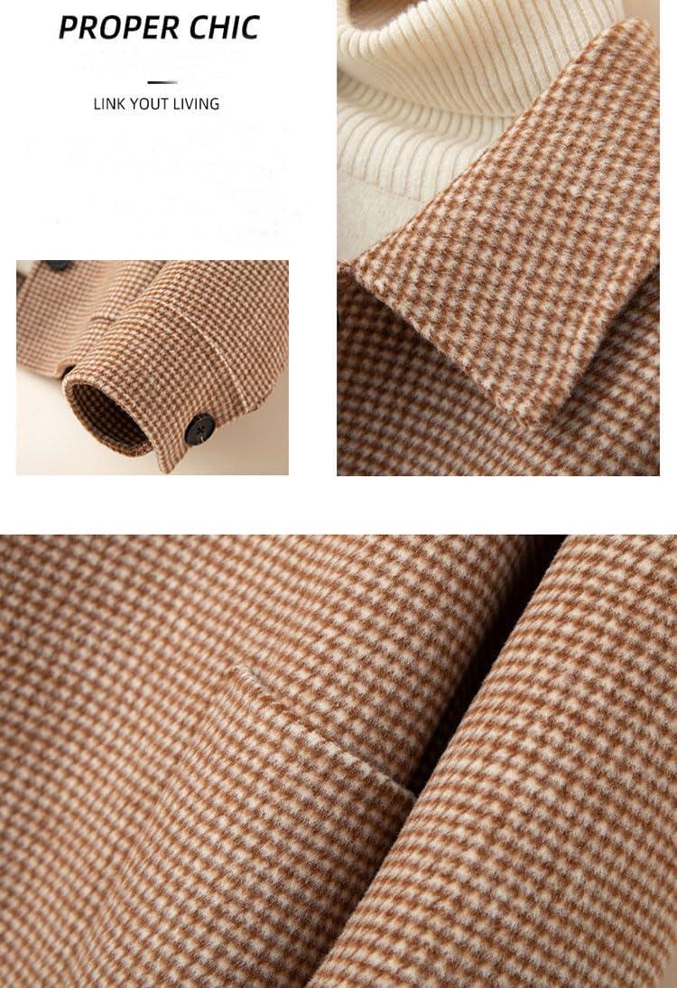 imagechouyatou Womens Elegant Lapel Houndstooth Plaid Wool Coat Casual Single Breasted Wool Blend Pea Coat with PocketsBrown