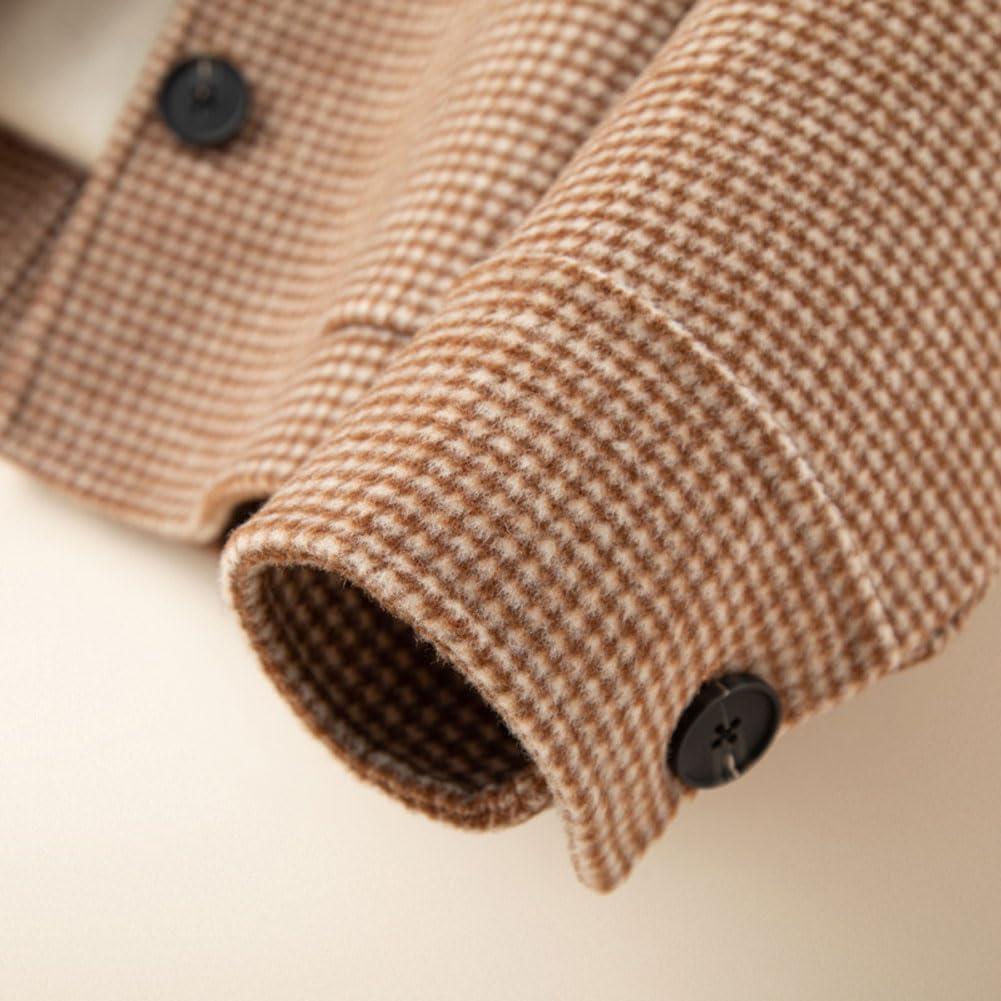 imagechouyatou Womens Elegant Lapel Houndstooth Plaid Wool Coat Casual Single Breasted Wool Blend Pea Coat with PocketsBrown