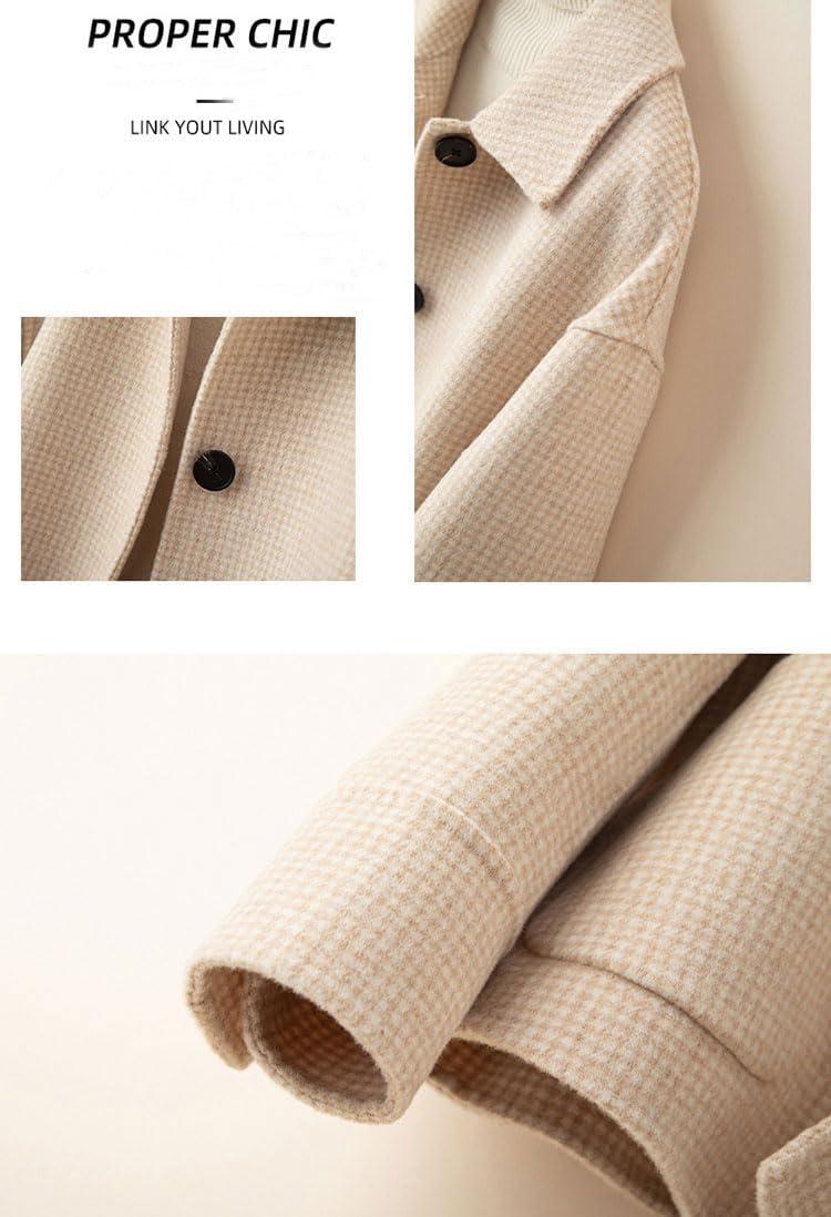 imagechouyatou Womens Elegant Lapel Houndstooth Plaid Wool Coat Casual Single Breasted Wool Blend Pea Coat with PocketsKhaki