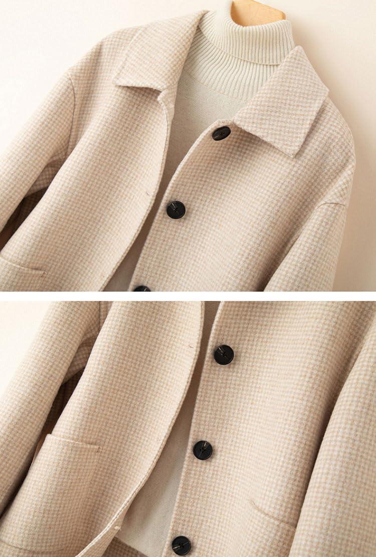 imagechouyatou Womens Elegant Lapel Houndstooth Plaid Wool Coat Casual Single Breasted Wool Blend Pea Coat with PocketsKhaki