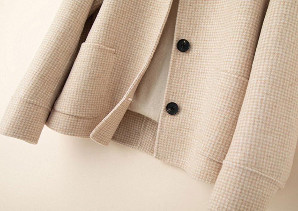imagechouyatou Womens Elegant Lapel Houndstooth Plaid Wool Coat Casual Single Breasted Wool Blend Pea Coat with PocketsKhaki