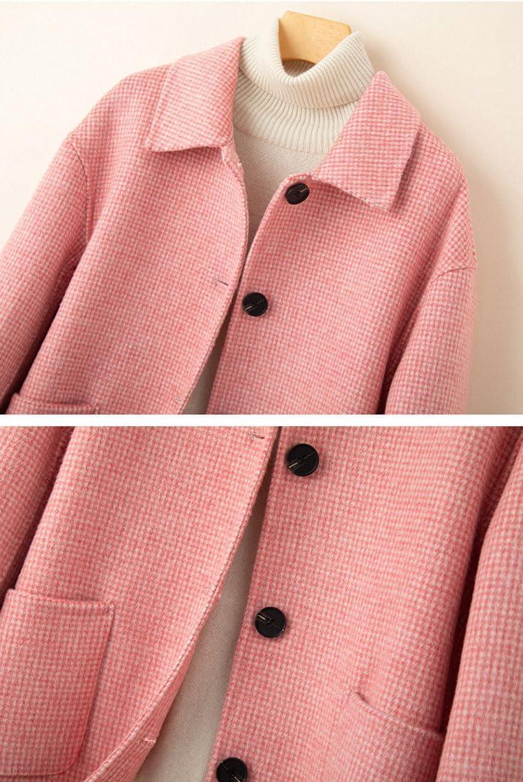 imagechouyatou Womens Elegant Lapel Houndstooth Plaid Wool Coat Casual Single Breasted Wool Blend Pea Coat with PocketsRed