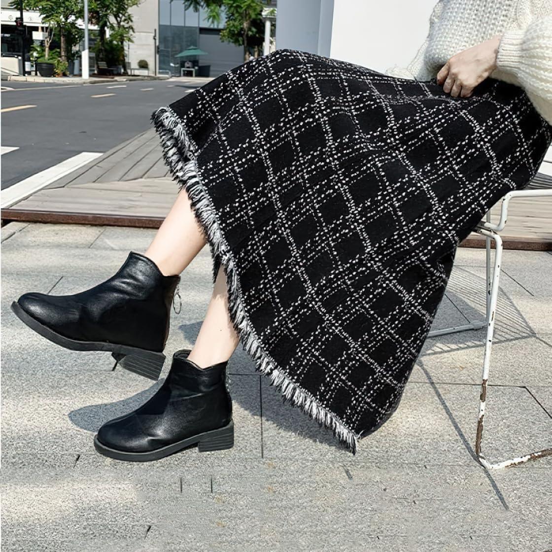 imagechouyatou Womens Elegant Plaid Tassels Fringe Tweed Skirt Knit Elastic High Waist A Line Midi SkirtBlack