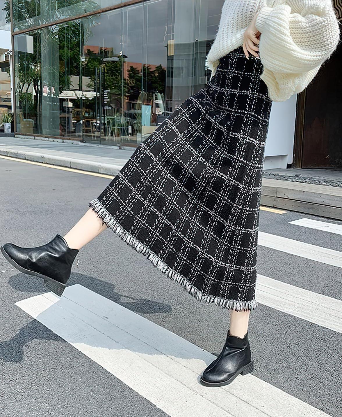 imagechouyatou Womens Elegant Plaid Tassels Fringe Tweed Skirt Knit Elastic High Waist A Line Midi SkirtBlack