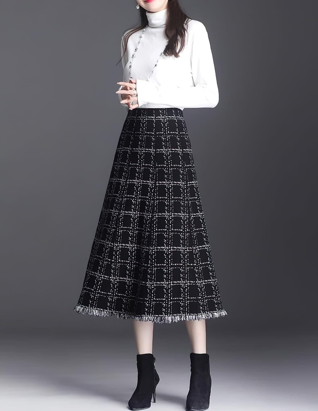 imagechouyatou Womens Elegant Plaid Tassels Fringe Tweed Skirt Knit Elastic High Waist A Line Midi SkirtBlack