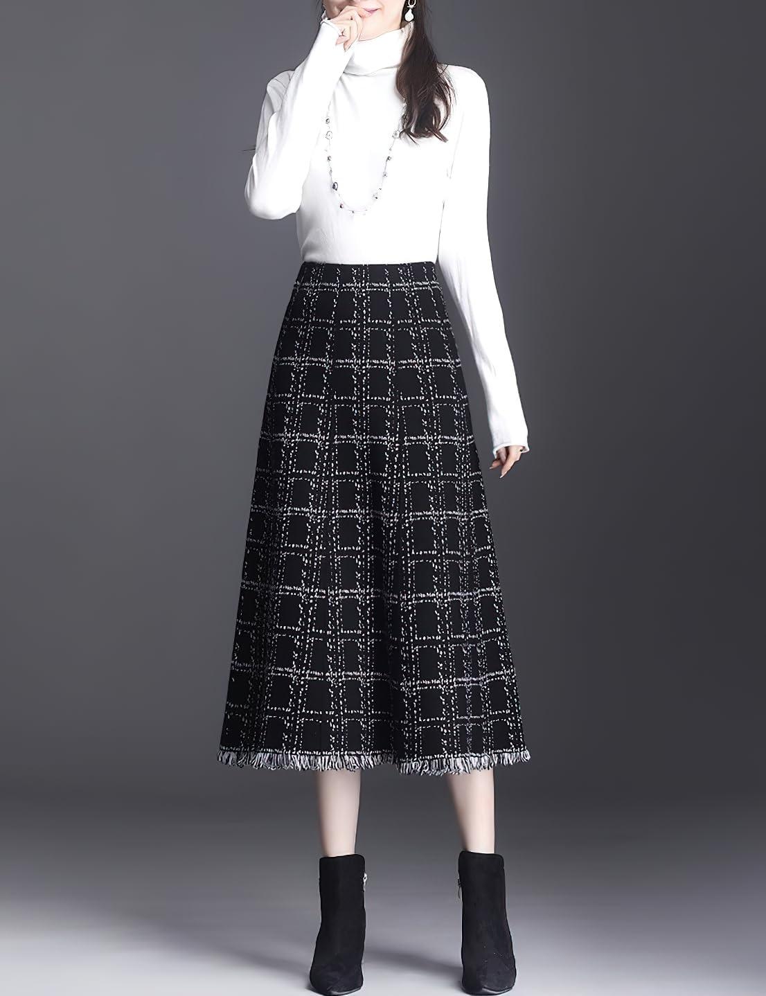 imagechouyatou Womens Elegant Plaid Tassels Fringe Tweed Skirt Knit Elastic High Waist A Line Midi SkirtBlack