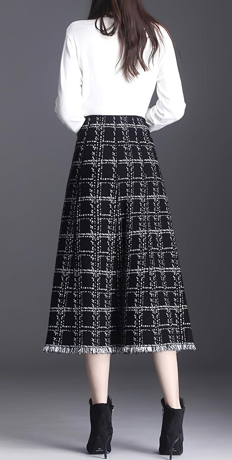 imagechouyatou Womens Elegant Plaid Tassels Fringe Tweed Skirt Knit Elastic High Waist A Line Midi SkirtBlack