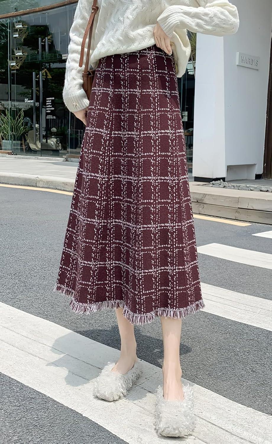 imagechouyatou Womens Elegant Plaid Tassels Fringe Tweed Skirt Knit Elastic High Waist A Line Midi SkirtRed