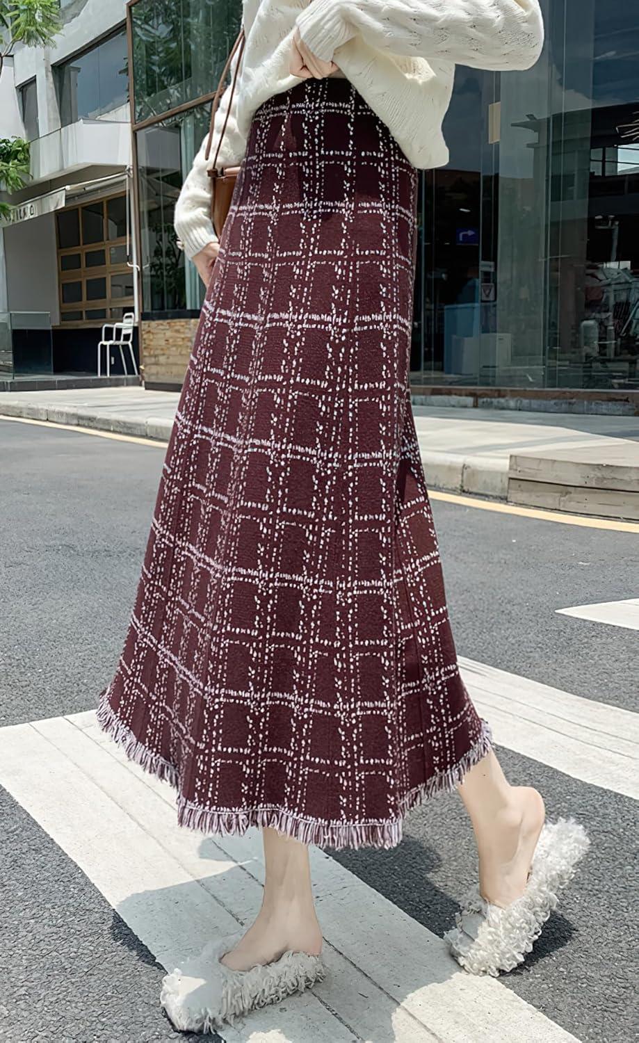 imagechouyatou Womens Elegant Plaid Tassels Fringe Tweed Skirt Knit Elastic High Waist A Line Midi SkirtRed