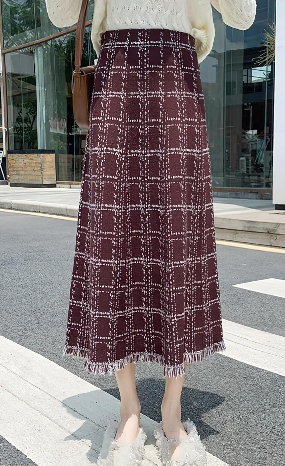 imagechouyatou Womens Elegant Plaid Tassels Fringe Tweed Skirt Knit Elastic High Waist A Line Midi SkirtRed