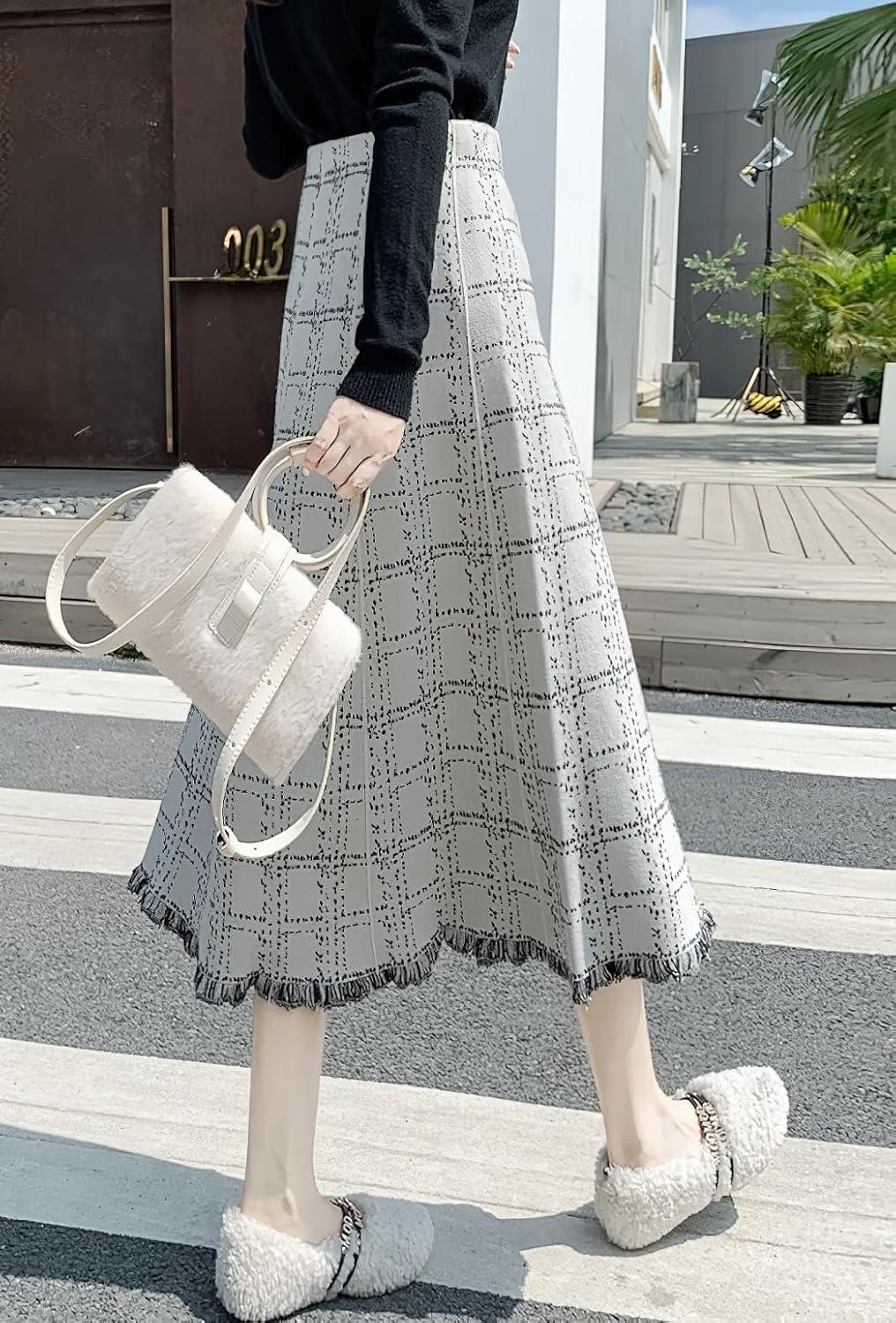 imagechouyatou Womens Elegant Plaid Tassels Fringe Tweed Skirt Knit Elastic High Waist A Line Midi SkirtWhite
