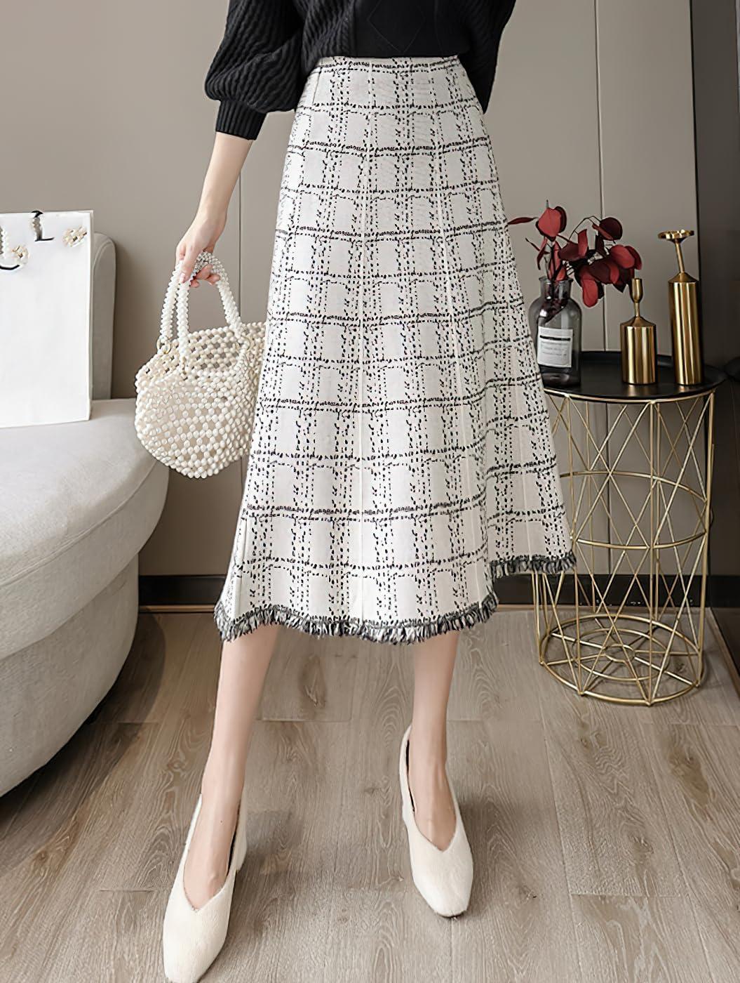 imagechouyatou Womens Elegant Plaid Tassels Fringe Tweed Skirt Knit Elastic High Waist A Line Midi SkirtWhite