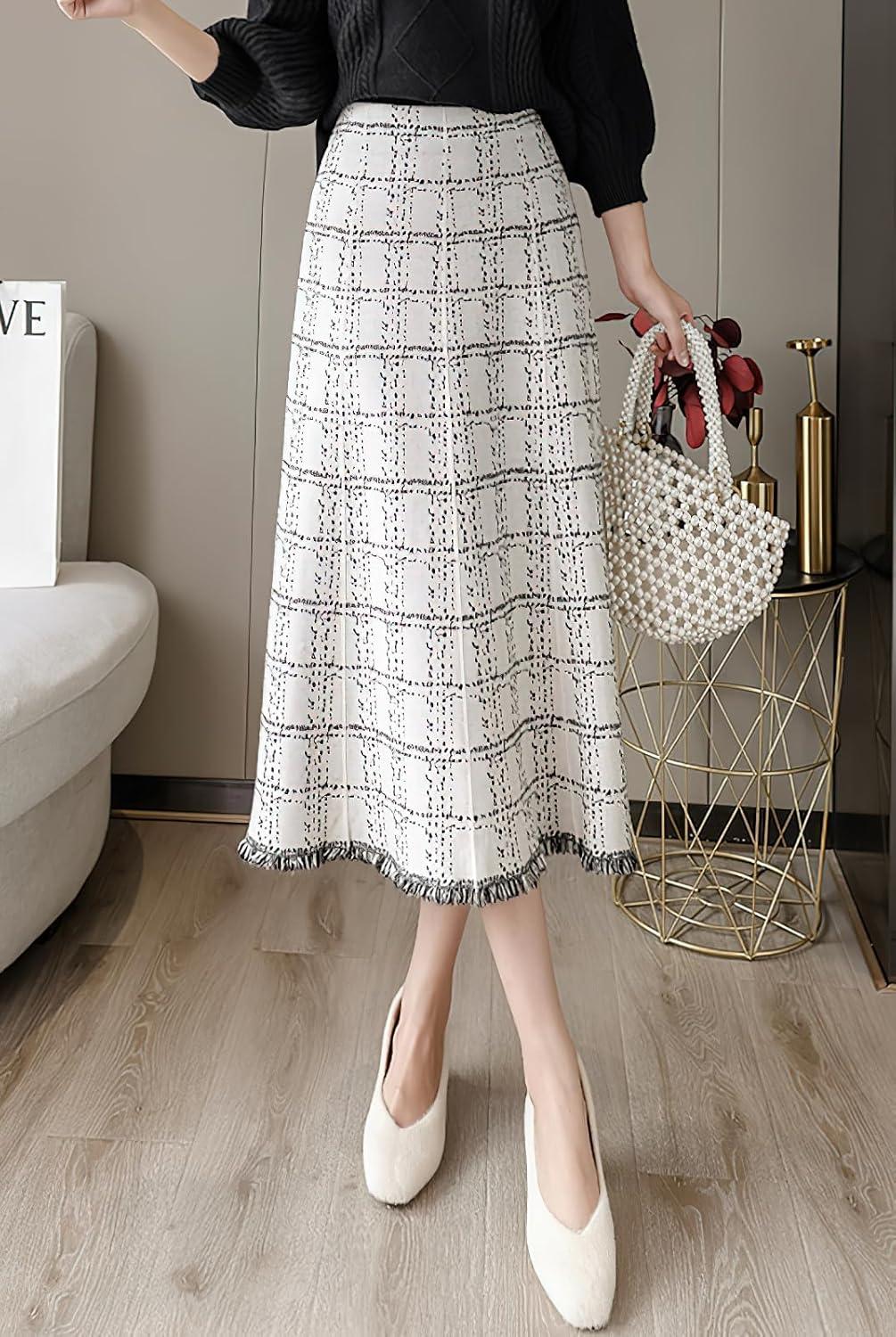 imagechouyatou Womens Elegant Plaid Tassels Fringe Tweed Skirt Knit Elastic High Waist A Line Midi SkirtWhite