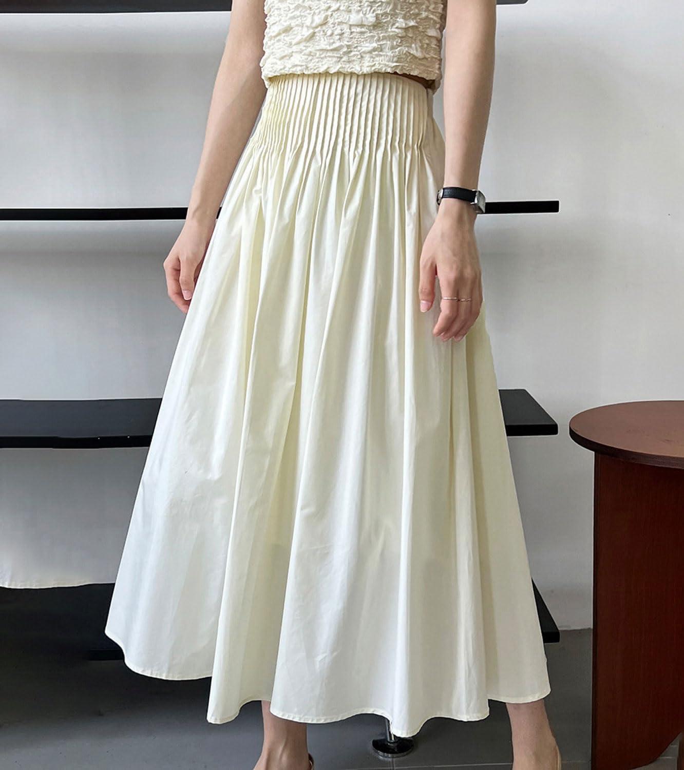 imagechouyatou Womens Elegant Pleated A Line Skirt High Elastic Waist Swing Bohemian Midi Long SkirtApricot