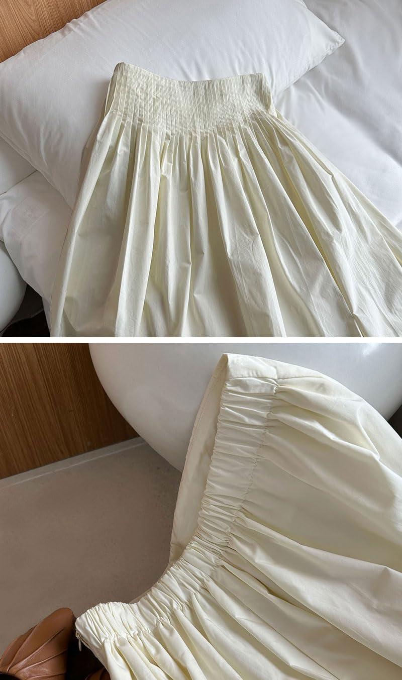 imagechouyatou Womens Elegant Pleated A Line Skirt High Elastic Waist Swing Bohemian Midi Long SkirtApricot