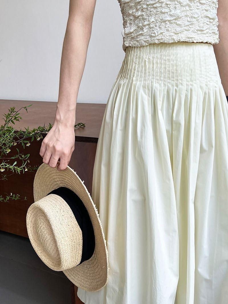 imagechouyatou Womens Elegant Pleated A Line Skirt High Elastic Waist Swing Bohemian Midi Long SkirtApricot