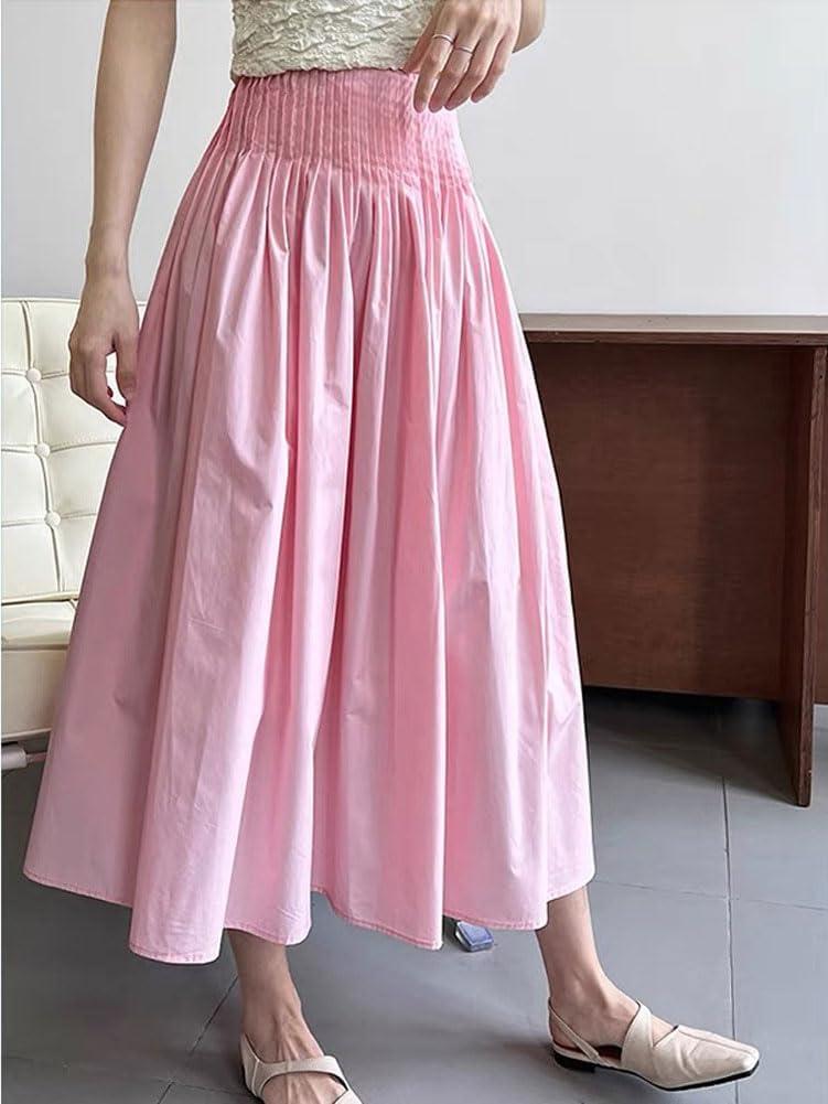 imagechouyatou Womens Elegant Pleated A Line Skirt High Elastic Waist Swing Bohemian Midi Long SkirtPink