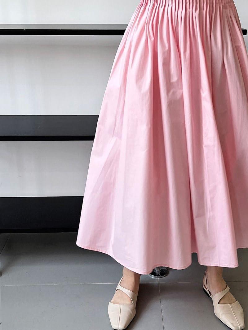 imagechouyatou Womens Elegant Pleated A Line Skirt High Elastic Waist Swing Bohemian Midi Long SkirtPink